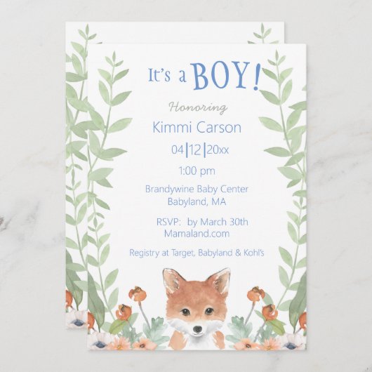 ウッドランドキツネ男の赤ちゃんスクリプトフローラベビーシャワー 招待状 (正面/裏面)