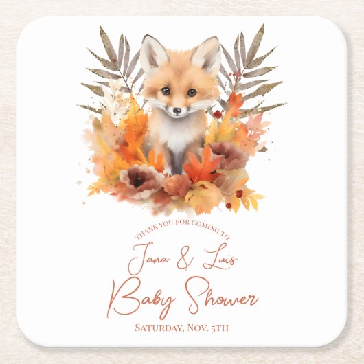 ウッドランドキツネ緑色水彩葉赤ちゃんシャワー スクエアペーパーコースター (正面)