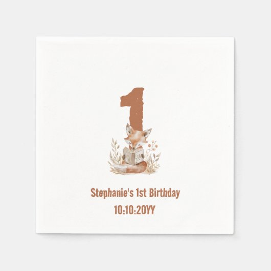 ウッドランドキツネ読ズA Book 1st Birthdayパーティー スタンダードカクテルナプキン (正面)