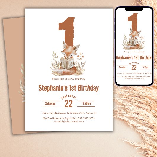 ウッドランドキツネ読ズA Book 1st Birthdayパーティー 招待状