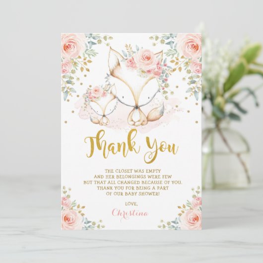 ウッドランドキツネ赤面金ゴールドフローラガールベイビーシャワーティ サンキューカード (スタンド正面)