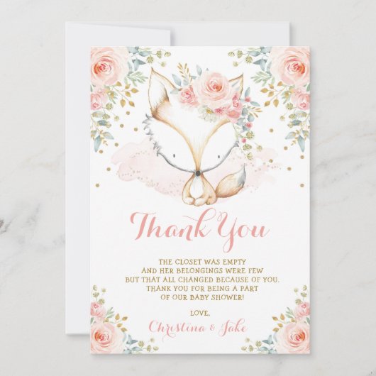 ウッドランドキツネ赤面金ゴールドフローラガールベビーシャワー サンキューカード (正面)