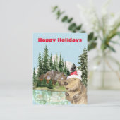 ウッドランドキャビンレイククリスマスビーバーウォーターカラー ポストカード (スタンド正面)