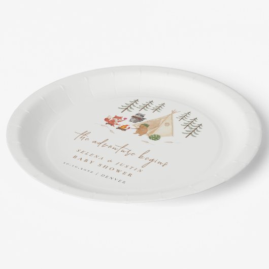 ウッドランドキャンプ冒険が赤ちゃんシャワーを始める ペーパープレート (アングル)