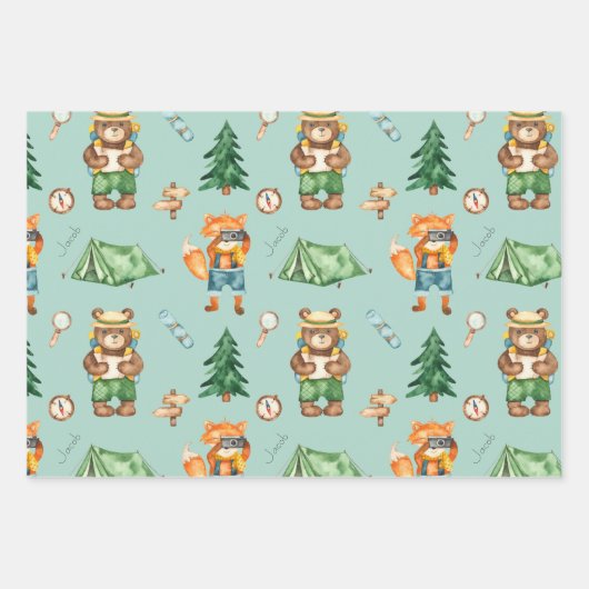ウッドランドキャンプ動物子供の水色パターン ラッピングペーパーシート (正面2)