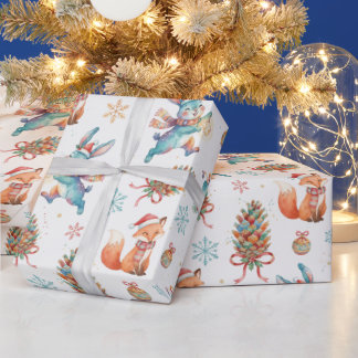 ウッドランドクリスマスのキツネ、ウサギ、松ぼっくりパターン ラッピングペーパー
