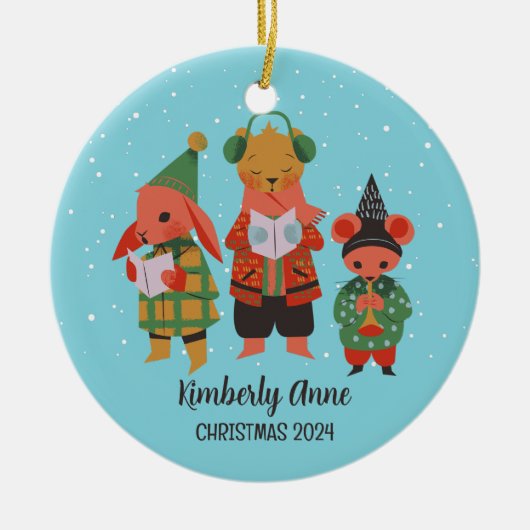 ウッドランドクリスマスアニマルスノーウィーウィンターホリデー セラミックオーナメント (正面)
