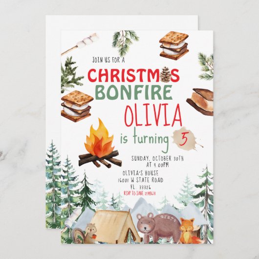 ウッドランドクリスマスホリデーボンファイア招待状 招待状 (正面/裏面)