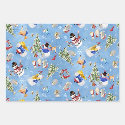 ウッドランドクリスマス雪だるま（鳥）ショウジョウコウカンチョウディアスノーフレーク ラッピングペーパーシート (正面3)