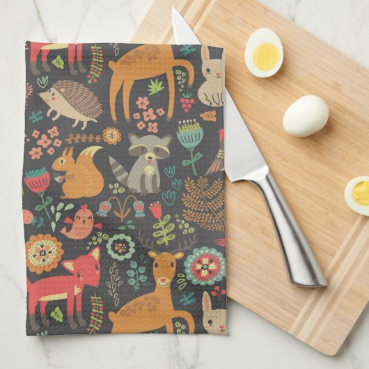 ウッドランドクリッターズコテージコアフォークアート キッチンタオル (四つ折り)