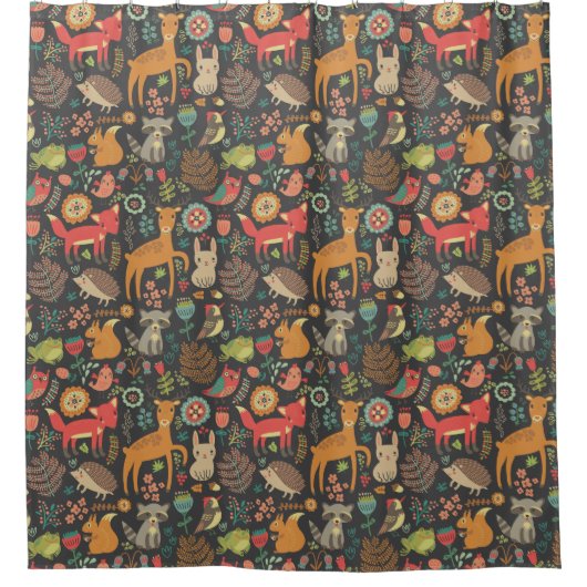 ウッドランドクリッターズコテージコアフォークアート シャワーカーテン (正面)