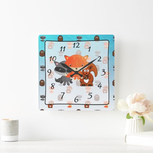 ウッドランドクリーチャーフォレストアニマルベビー子供部屋時計 スクエア壁時計 (ホーム)
