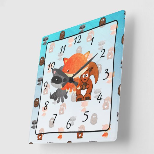 ウッドランドクリーチャーフォレストアニマルベビー子供部屋時計 スクエア壁時計 (傾斜)