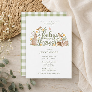 ウッドランドグリーンのギンガムチェックのベビーシャワーの招待状 招待状