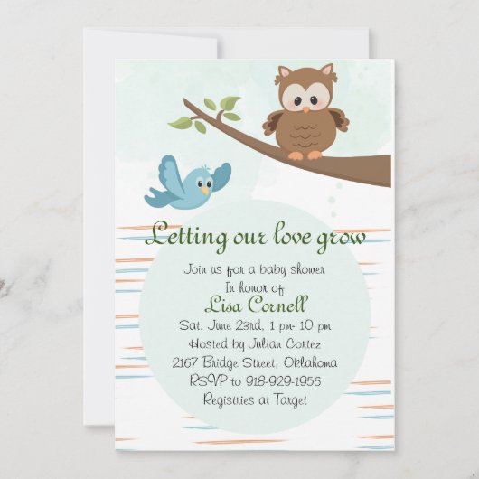 ウッドランドグリーンリーフクロウ少年ベイビーシャワー招待状 招待状 (正面)