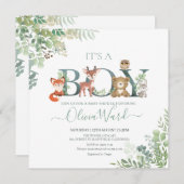 ウッドランドグリーンリーベビーシャワーボーイ招待状 サンキューカード (正面/裏面)