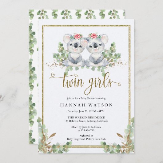 ウッドランドコアラユーカリプスピンクローズベビーシャワー 招待状 (正面/裏面)