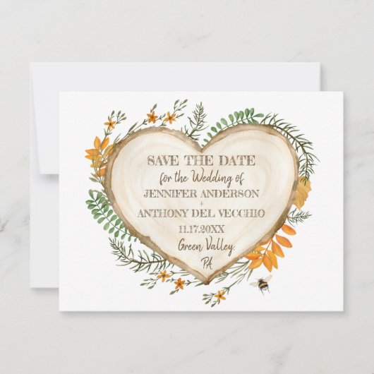 ウッドランドコテージコア木製ハートザデイト 招待状 (正面)