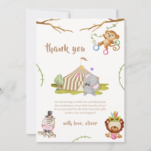 ウッドランドサファリ動物サーカス赤ちゃんシャワー サンキューカード (正面)