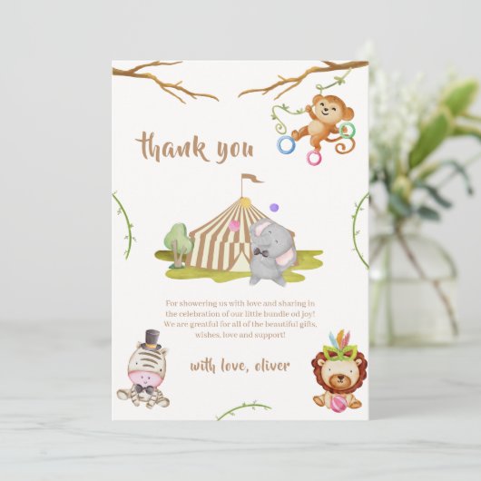 ウッドランドサファリ動物サーカス赤ちゃんシャワー サンキューカード (スタンド正面)