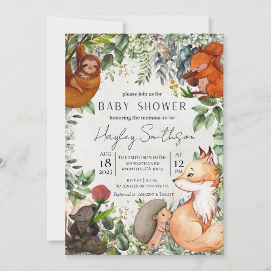 ウッドランドサファリ動物園の動物のテーマ赤ちゃんシャワー 招待状 (正面)