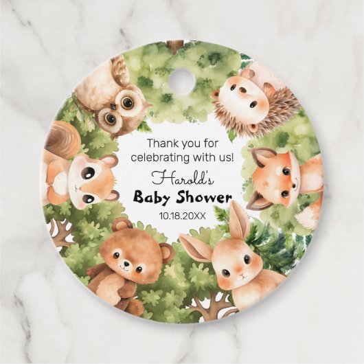 ウッドランドサークルフォレストフレンズ赤ちゃんシャワー フェイバータグ (正面)