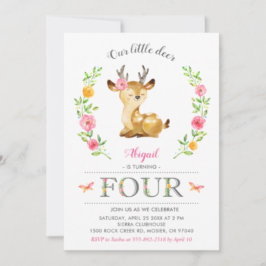 ウッドランドシカガール4番目のフローラ誕生日 招待状 (正面)