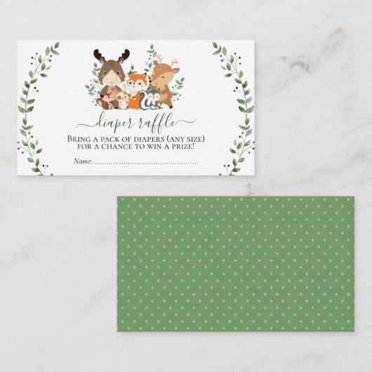 ウッドランドシックな緑の森の動物おむつラッフル エンクロージャーカード (正面/裏面)