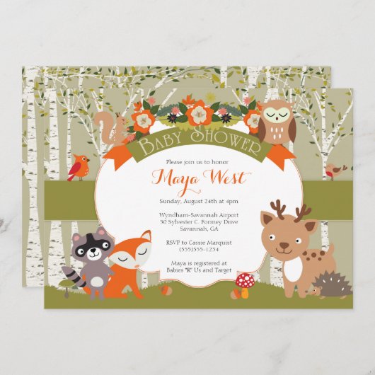 ウッドランドシャワー – 森林動物をテーマにしたベビーシューウェ 招待状 (正面/裏面)