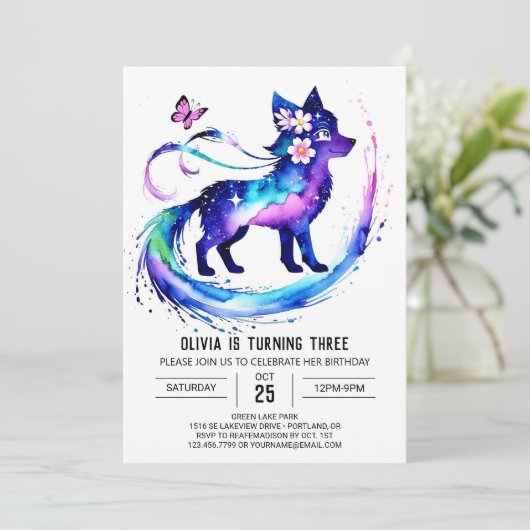 ウッドランドシンプルウルフデジタルガール誕生日 招待状 (スタンド正面)