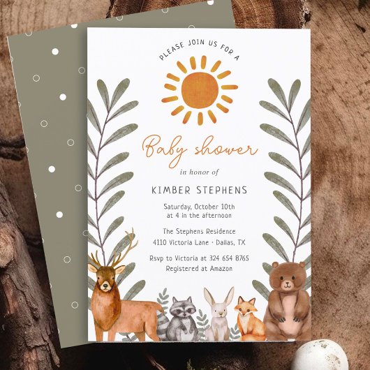 ウッドランドシンプル森林動物の赤ちゃんシャワー 招待状