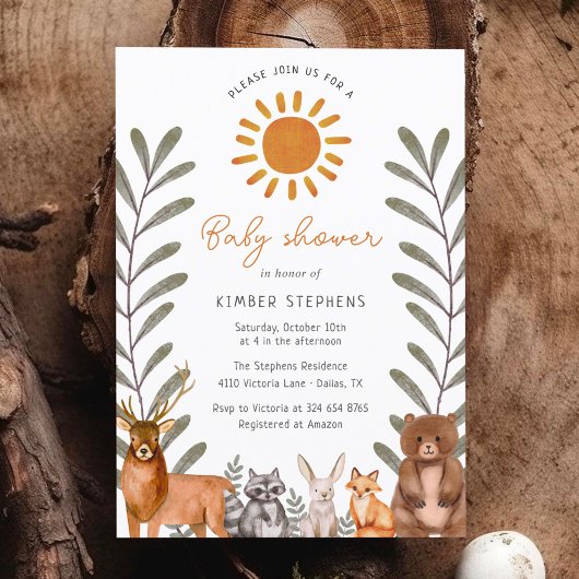 ウッドランドシンプル森林動物の赤ちゃんシャワー 招待状