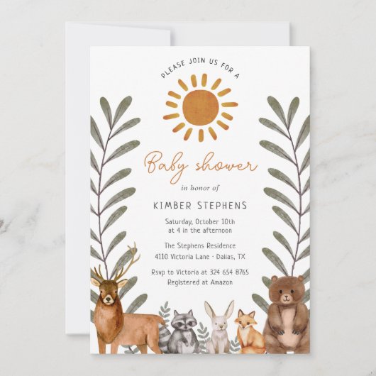 ウッドランドシンプル森林動物の赤ちゃんシャワー 招待状 (正面)