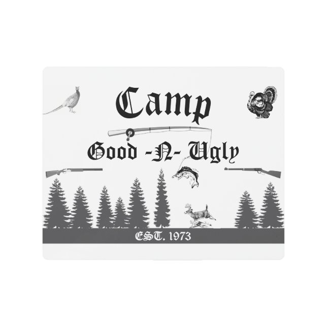 ウッドランドシーンキャンプの看板/名前 メタルプリント (正面)