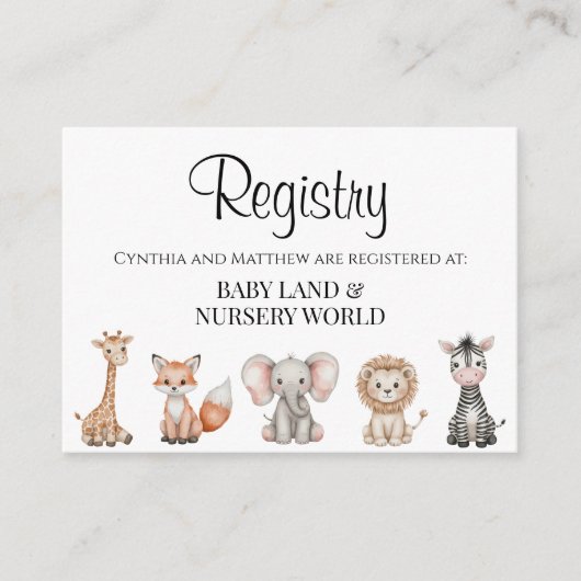 ウッドランドジャングル動物ベビーシャワーギフトレジストリ エンクロージャーカード (正面)