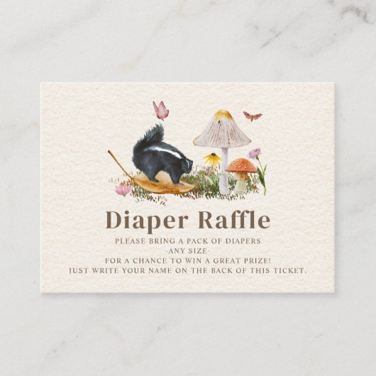 ウッドランドスカンクガールベビーシャワーおむつラッフル エンクロージャーカード (正面)