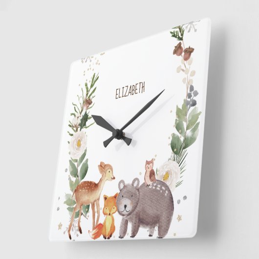 ウッドランドストライプ動物 スクエア壁時計 (傾斜)