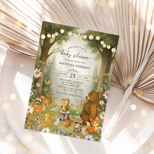 ウッドランドストーリーブックフォレストアニマルズベビーシャワー 招待状