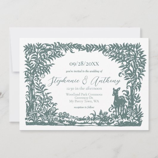 ウッドランドセージ緑の白い森のシーンシルエット 招待状 (正面)