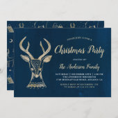 ウッドランドディアウォーターカラーネイビー金ゴールドクリスマスパーティー 招待状 (正面/裏面)
