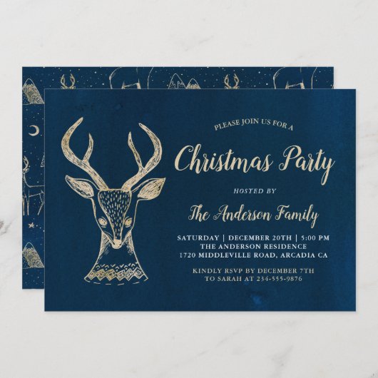 ウッドランドディアウォーターカラーネイビー金ゴールドクリスマスパーティー 招待状 (正面/裏面)