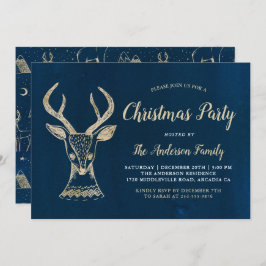 ウッドランドディアウォーターカラーネイビー金ゴールドクリスマスパーティー 招待状