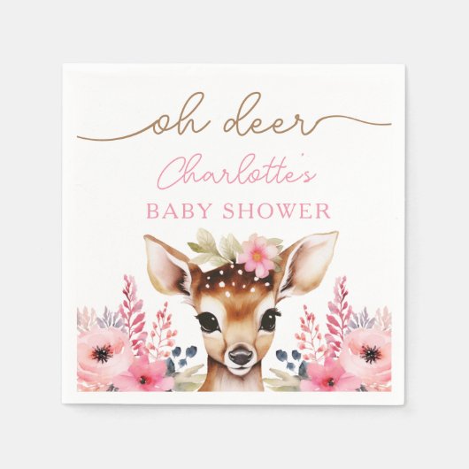 ウッドランドディアピンクフローラガールベビーシャワーカスタム スタンダードカクテルナプキン (正面)