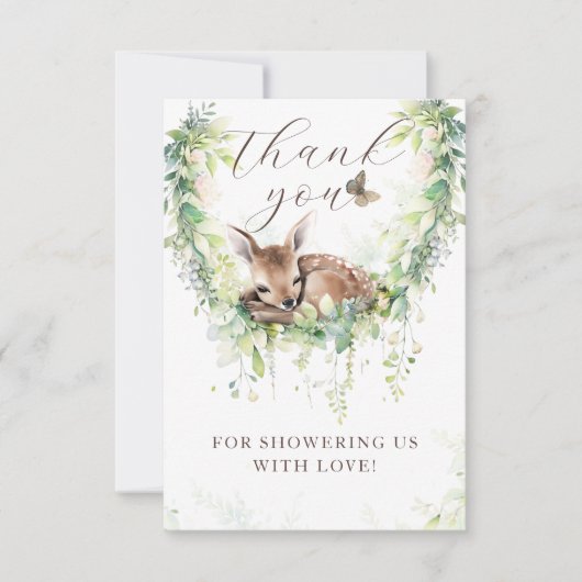 ウッドランドディアフォレストグリーン男の赤ちゃんシャワー サンキューカード (正面)