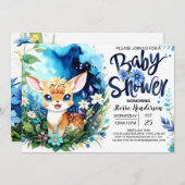 ウッドランドディアブルーボーイベビーシャワー 招待状 (正面/裏面)