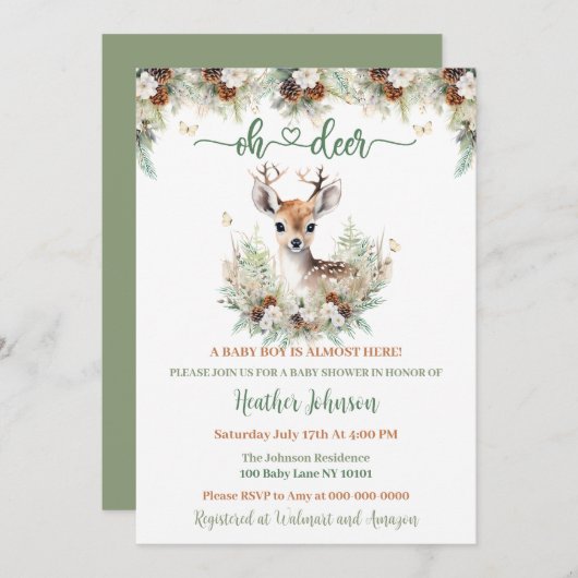 ウッドランドディアベビーシャワーボーイ 招待状 (正面/裏面)