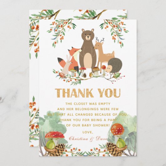 ウッドランドディアベビーシャワー誕生日サンキューカード サンキューカード (正面/裏面)
