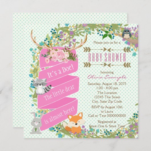 ウッドランドディアベビーシャワー 招待状 (正面/裏面)