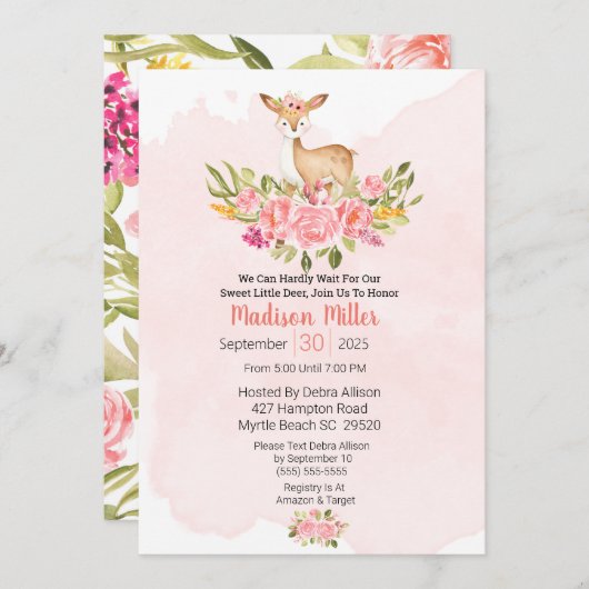 ウッドランドディアーピンクフローラベビーシャワー招待状 招待状 (正面/裏面)
