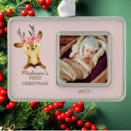 ウッドランドディアーベビー第1回クリスマスフォトオーナメント シルバープレートフレームオーナメント